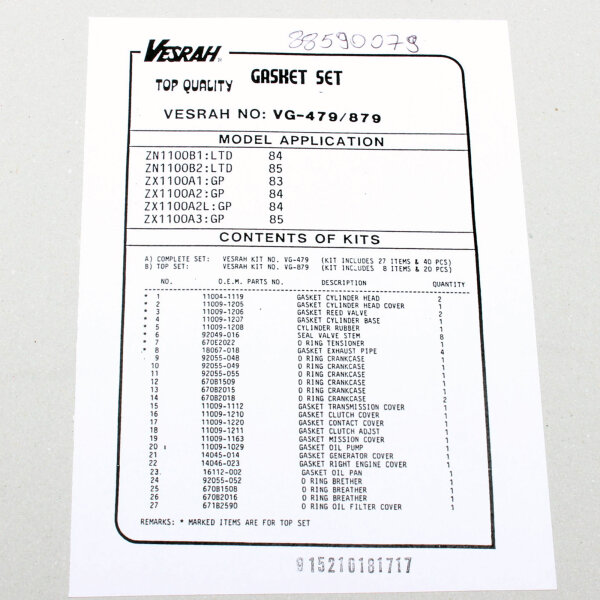 Engine gasket set complete for Kawasaki GPZ 1100 A Uni Trak 83-85