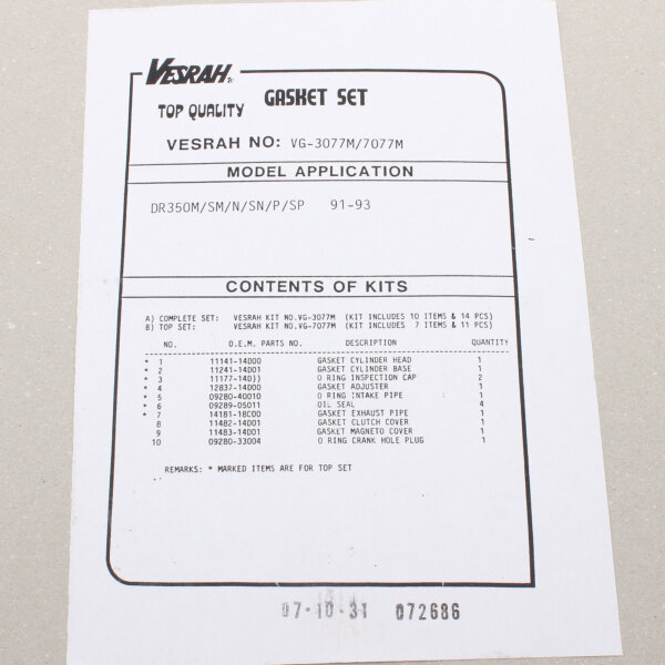Ensemble complet de joints moteur pour Suzuki DR 350 S (SK42B) 90-93