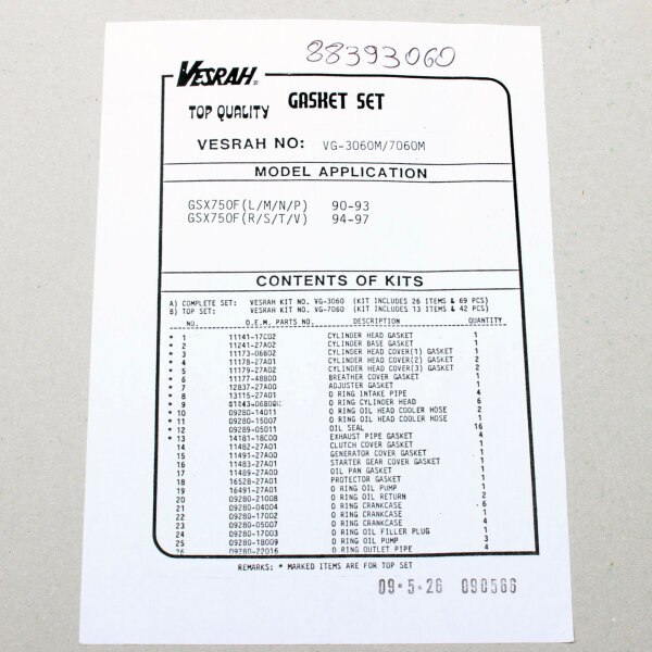 Engine gasket set complete for Suzuki GSX 750 F (GR78A) 90-97
