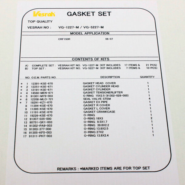 Engine gasket set complete for Honda CRF 150 R RB 07-11